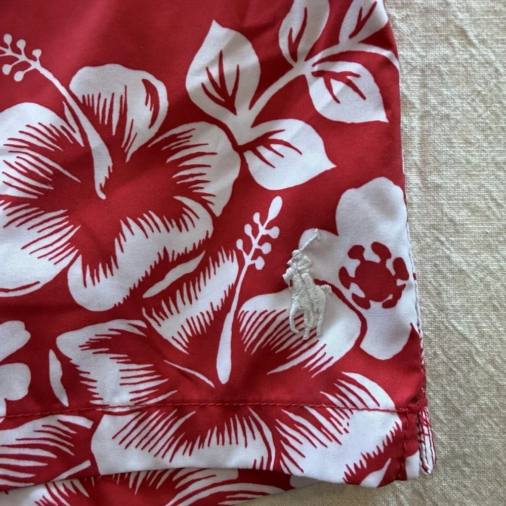 Polo Ralph Lauren Mens 2XB Red Tropical Fish Hibiscus Floral Lined Swim Trunks